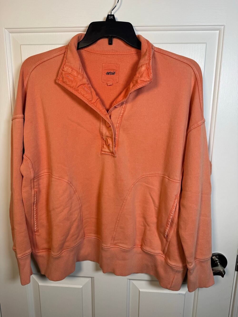 Aerie Pullover Sweatshirt Button Funnel Neck Oversized Coral Orange L